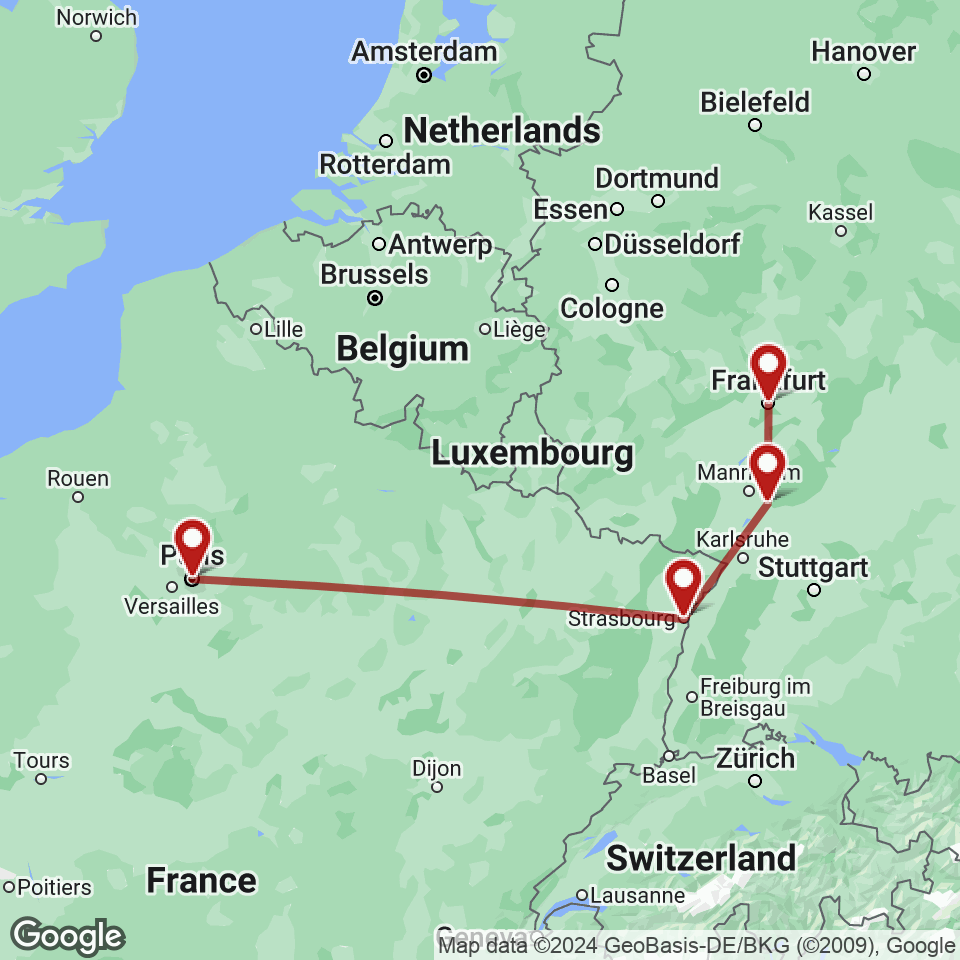 Route for Paris, Strasbourg, Heidelberg, Frankfurt tour